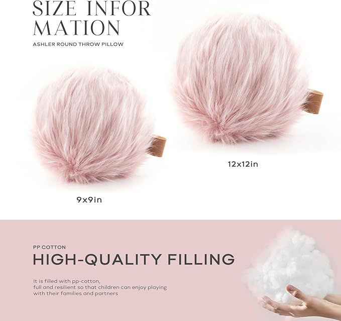Ashler Plush Round Pillows, Ball Throw Pillow with Handle, Faux Fur Luxury Soft Decorative Cushion, Modern Home Decor Fluffy Round Pillow for Sofa, Bed, Chair, Light Pink, 12 x 12 inch