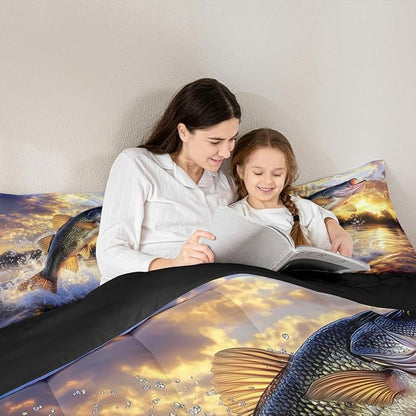 Erosebridal Fishing Theme King Bedding Set - Big Bass Pike Fish Comforter Set for Boys Kids Men | Farmhouse Lake House Quilt | Fisherman Hunting Bedroom Decor with 2 Pillowcases