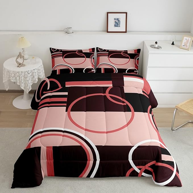 Retro Swirls Bedding Sets Twin Geometric Circles Square Comforter for Kids Girls Teens - Red Black Grey Duvet Set Vintage Graphic Patchwork Quilted Soft Microfiber Bedding