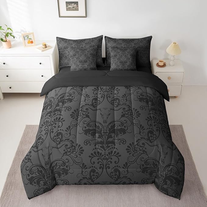 Erosebridal Gothic Damask Comforter Set 7 Piece Bed in a Bag Twin,Longhorn Skull Bedding Sets Black Grey Victorian Floral Goth Sheet Set with Comforter