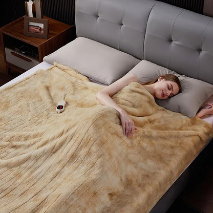 Guohaoi Heated Blanket Electric Throw, Soft Faux Rabbit Fur Electric Blanket with 10 Heating Levels 5 Sitting Timer Auto Off, Cozy Warm Heating Blankets, Machine Washable(72"×84" Beige)
