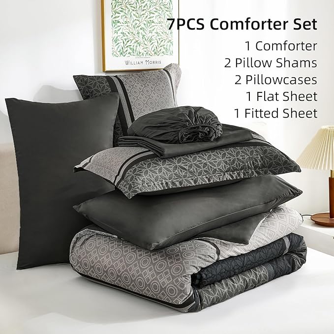 WONGS BEDDING Twin Comforter Set 6 Pieces, Black Grey Striped Bed in a Bag Comforter and Sheet Set, Soft Lightweight Micorfiber Bedding Set All Season for Kids Boys Teen (90"×90")
