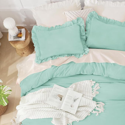 Andency Mint Green California King Comforter Set, 3 Pieces Shabby Chic Ruffle Solid Cal King Bedding Sets, Oversized All Season Soft Lightweight Down Alternative Bed Set for Adults Men Women
