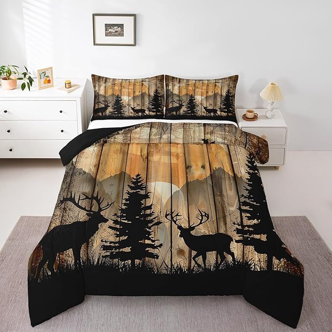 Feelyou Western Rustic Bear Comforter Set, Wooden Farmhouse Bedding Queen, Hunting Wild Animal Quilt Forest Animal Wildlife Hunting Bedding Comforter Sets Kids Boys Teens Adult Men Bedroom Decor