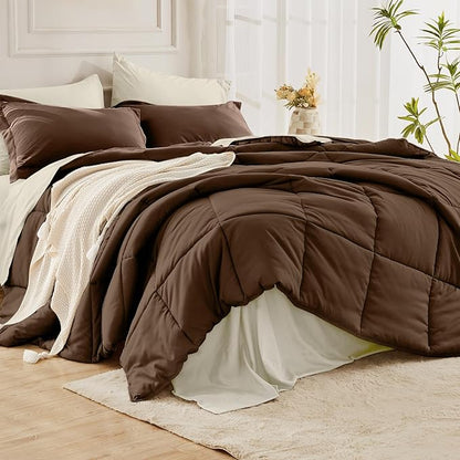 JOLLYVOGUE Full Comforter Set, Ultra-Soft Bed in a Bag Full Size 7 Pieces, Oeko-TEX Certified Bedding Set with Down Alternative Comforter, Sheets, Pillowcases & Shams, Brown & Beige