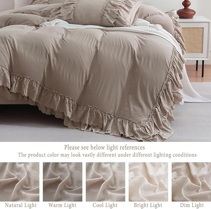Herside Taupe Boho Ruffle Comforter Queen Size,Shabby Chic Ruffle Bedding Set,2 Layers Ruffles Fluffy Vintage Comforter Home Decor,Farmhouse 3 Pcs Microfiber Lightweight Quilt Set for Women Girls