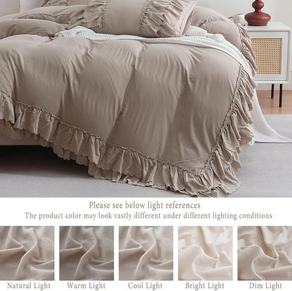 Herside Taupe Boho Ruffle Comforter Queen Size,Shabby Chic Ruffle Bedding Set,2 Layers Ruffles Fluffy Vintage Comforter Home Decor,Farmhouse 3 Pcs Microfiber Lightweight Quilt Set for Women Girls