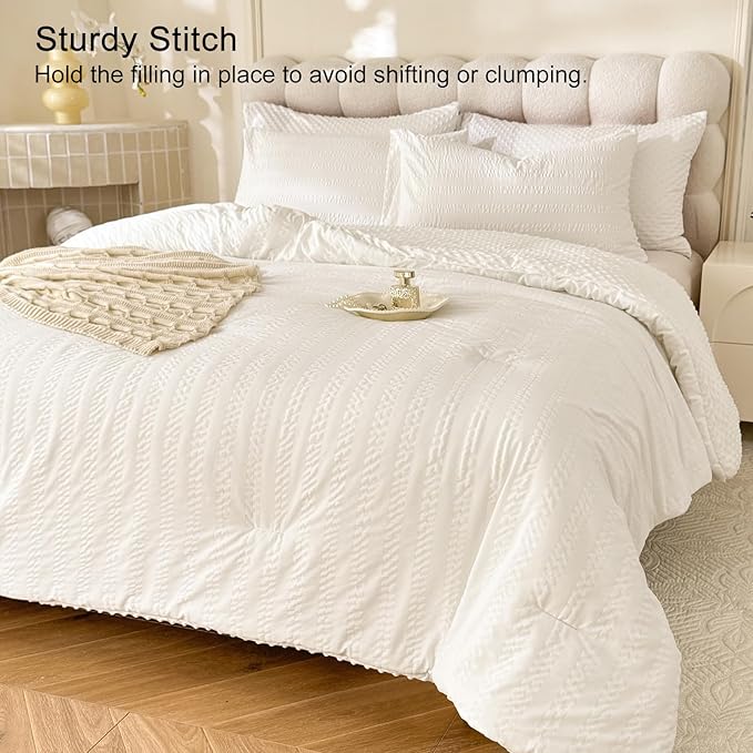 Boho Comforter Set King Size Striped Pleats Bohemian Seersucker Bedding Set All Season Soft Cozy 3 Pieces Quilt with 2 Pillowcases(104"X90" White)