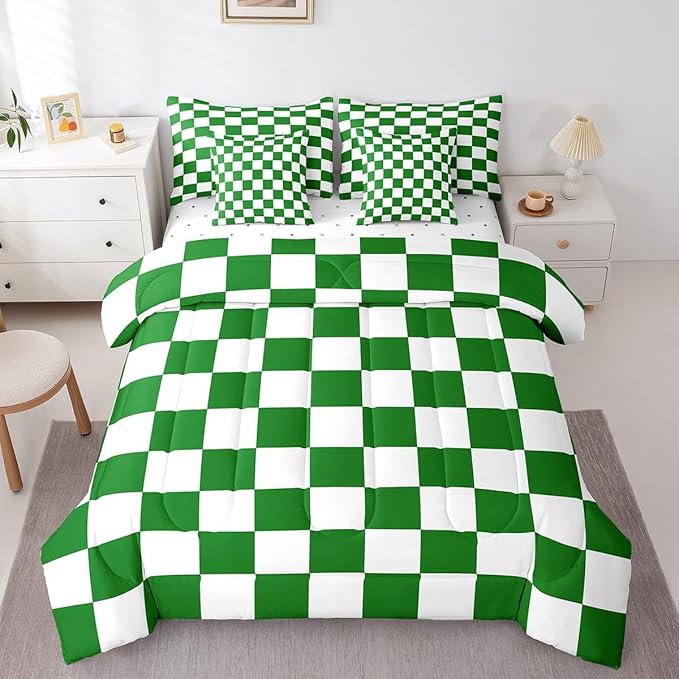 Feelyou Checkered Retro 7 Piece Bedding Set Teen Women Men Green White Plaid Comforter Set with Sheets King Size Kids Boys Geometric Vintage Bed in a Bag Modern Simple Groovy Aesthetic Room Decor