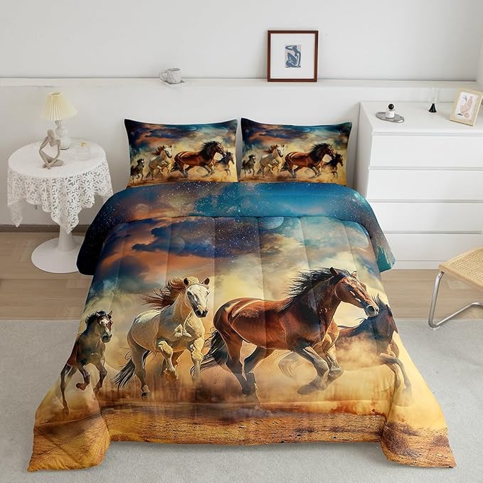 Feelyou Horse Bedding Set Queen Size Galloping Horse Comforter Set for Kids Boys Girls Decor Cute Animal Decor Comforter Galaxy Brown and Blue Duvet Set