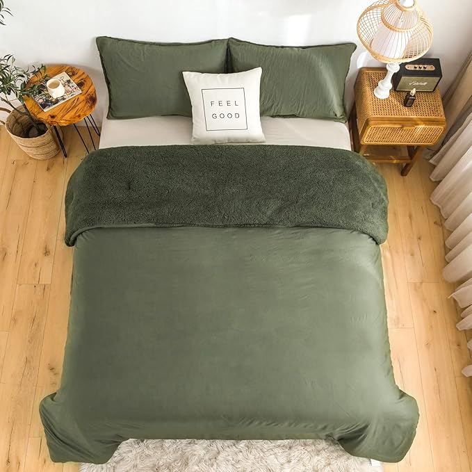 COTTEBED King Comforter Set - Soft Sherpa Down Alternative with Pillowshams, Washable (Olive Green)