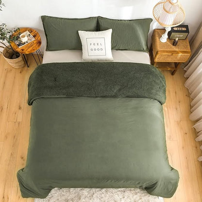 COTTEBED King Comforter Set - Soft Sherpa Down Alternative with Pillowshams, Washable (Olive Green)
