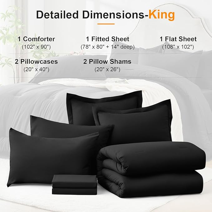 King Size Comforter Set 7 Pieces - Soft Bed in a Bag King Bed Set Black, Cozy Luxury Bedding Sets with All Season Comforter, Flat Sheet, Fitted Sheet, 2 Pillowcases & 2 Shams
