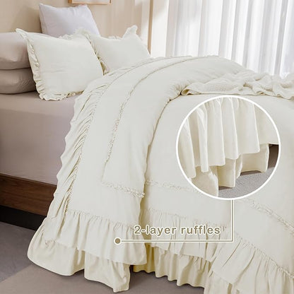 Masaca Oversized King Comforter 120x120,Farmhouse Shabby Boho Chic Ruffle California King Comforter Set French Country Rustic Bedding 3PCS (1 Ivory Ruffled Comforter+2 Pillow Shams)