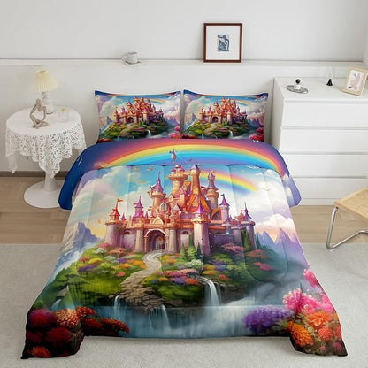 Manfei Castle Girlish Kids Comforter Set King Size,Rainbow Floral Garden Dreamy Bedding Set,Girls Women Room Decor,Princess Theme Romantic Down Comforter,Purple Colorful Duvet Insert,2 Pillowcases
