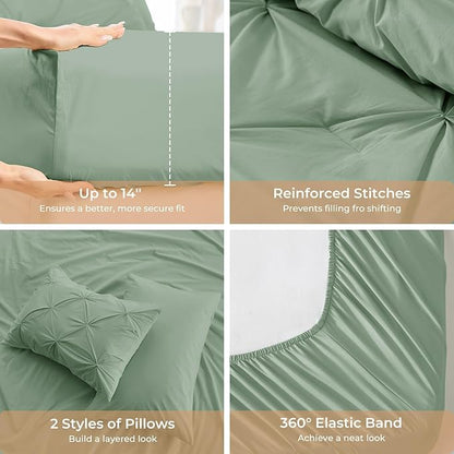 Sasttie King Size Comforter Set, 7-Piece Bed in a Bag, Pintuck Bedding Set for All Season, Includes Comforter, Flat Sheet, Fitted Sheet, Pillowcases and Pillowshams, Sage Green