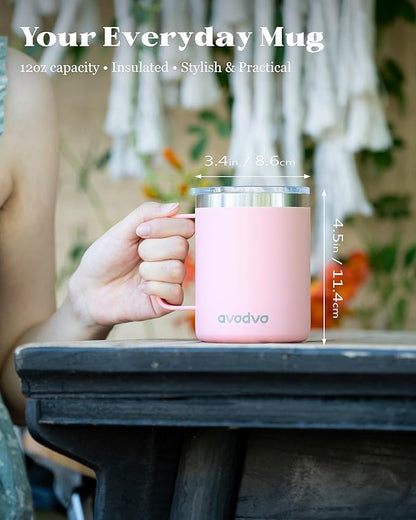 12oz Insulated Coffee Mug with Lid – Includes Two Lids, Stainless Steel Coffee Travel Mug with Handle, Double Wall Vacuum Insulated Camping Mug for Home, Office & Outdoor, Light Pink