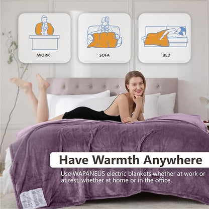 Wapaneus Heated Blanket Electric Full Size 72"x84" with 10 Heating Levels 12 Timer Settings and 8 Hours Auto-Shut Off,Flannel Fast-Heating Electric Blanket,ETL Listed Machine Washable,Purple