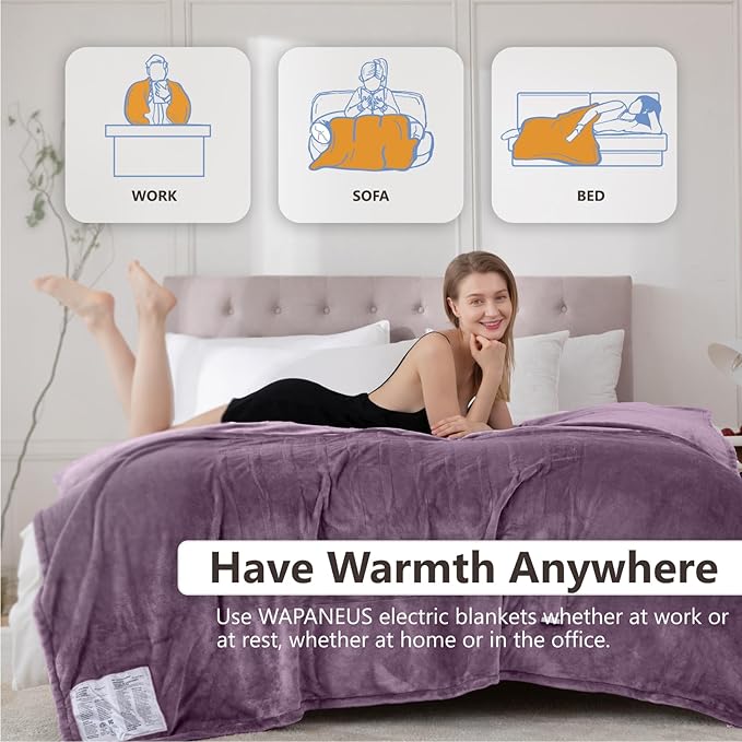 Wapaneus Heated Blanket Electric Blanket 62" x 84" Twin Size with 10 Heating Levels and 12 Hours time Settings, Flannel Fast-Heating Electric Blanket, ETL Listed, Machine Washable, Purple