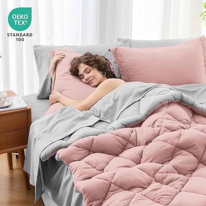 MUXHOMO 7 Pieces Oversized Queen Comforter Set, Reversible Bed in a Bag Oversized Queen Size, All Season Bedding Set with Comforter, Flat Sheet, Fitted Sheet, Pillowcases & Shams, Pink & Light Grey