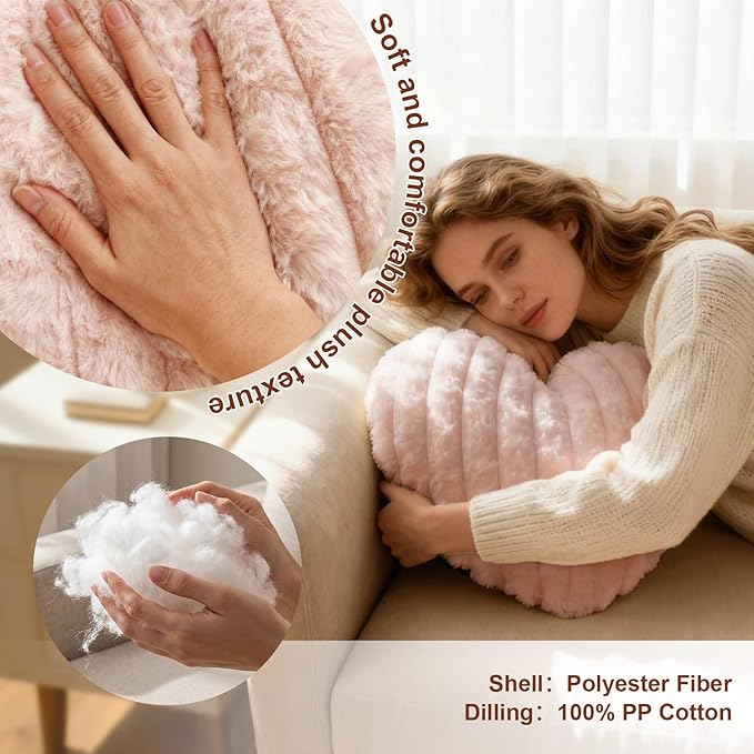 2 Pcs Pink Heart Throw Pillows, 16 Inch Soft Fluffy Heart-Shaped Comfort Pillows with Calming Texture, Hug Pressure for Relaxing Moments, Ideal for Sofa, Reading, and Naps (Pink)