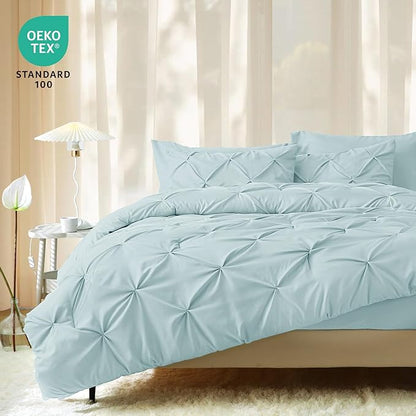 JOLLYVOGUE King Size Comforter Set 7 Pieces - Bed in a Bag King for All Season, Pintuck Bedding Comforter Sets with Comforter, Flat Sheet, Fitted Sheet and Pillowcases & Shams, Light Blue