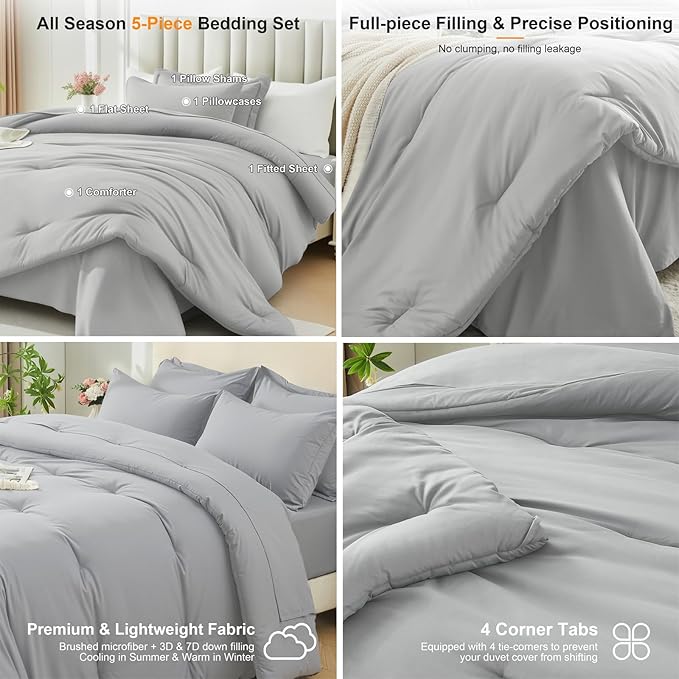 Twin Comforter Set 5 Piece - Soft Bed in a Bag Queen Size Comforter Sets, Cozy Luxury Bedding Sets with All Season Comforter, Flat Sheet, Fitted Sheet,Pillowcases & Shams, Light Gray