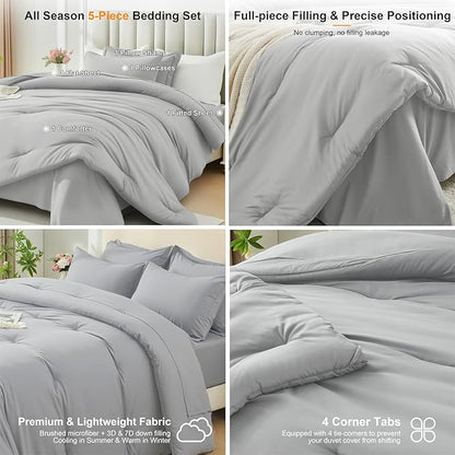 Twin Comforter Set 5 Piece - Soft Bed in a Bag Queen Size Comforter Sets, Cozy Luxury Bedding Sets with All Season Comforter, Flat Sheet, Fitted Sheet,Pillowcases & Shams, Light Gray