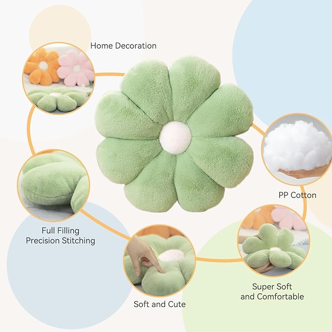 FIONOUT Sage Green Throw Pillows, Flower Pillow, 25.5In Flower Shaped Pillow, Flower Floor Cushion, Room Decor Throw Pillows, Cute Decorative Pillows for Bed Home Sofa (65CM Green)