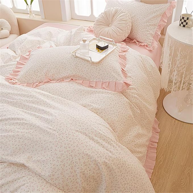 MKXI Queen Size Small Floral Ruffle Comforter Set - 3 Piece Countryside Floral Comforter with Pillow Shams, Reversible White Pink Princess Bedroom Collection, Soft Aesthetic Bedding Set for Teen Girls