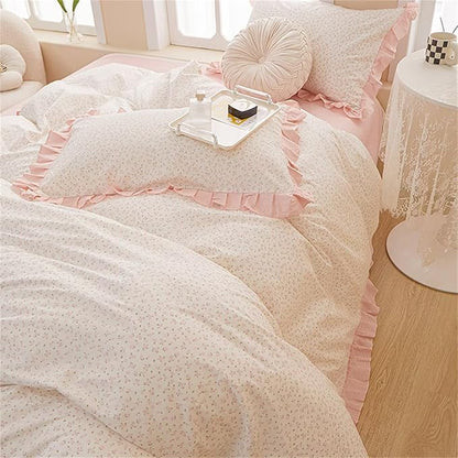 MKXI Queen Size Small Floral Ruffle Comforter Set - 3 Piece Countryside Floral Comforter with Pillow Shams, Reversible White Pink Princess Bedroom Collection, Soft Aesthetic Bedding Set for Teen Girls