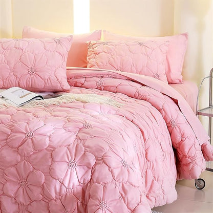 Pink Pinch Pleat Comforter Set Queen Size-7 Pieces Bedding Comforter Bed in A Bag-Lightweight Microfiber Bedding Set with Comforter,Fitted Sheet,Flat Sheet and Pillow Shams-90 x90