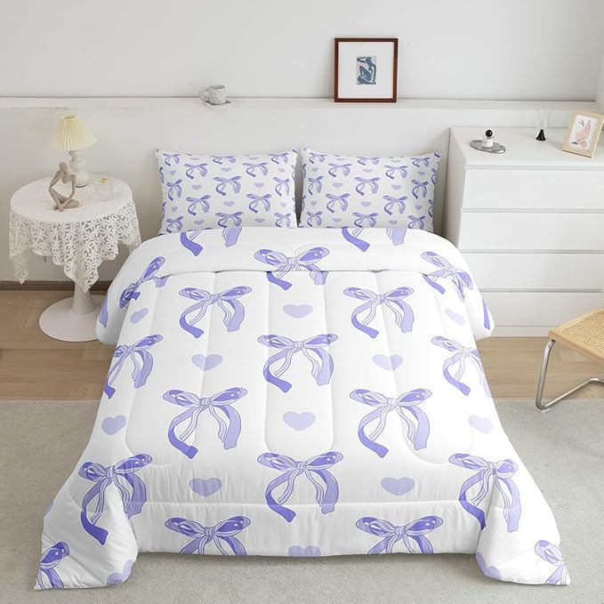 jejeloiu Cute Purple Bow Bedding Set Twin Size Ribbon Bow Comforter Set for Kids Women Cartoon Love Heart Duvet Set Purple White Quilt Set 2Pcs