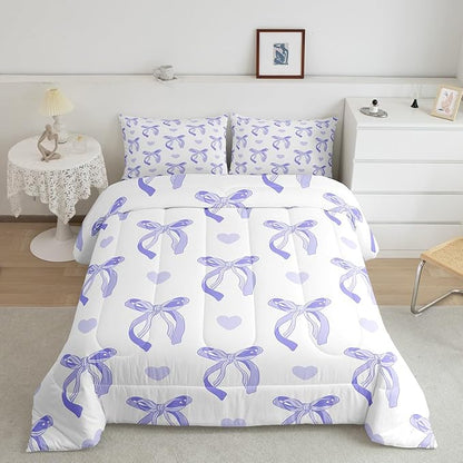 jejeloiu Cute Purple Bow Bedding Set Twin Size Ribbon Bow Comforter Set for Kids Women Cartoon Love Heart Duvet Set Purple White Quilt Set 2Pcs