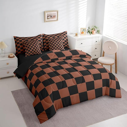 Feelyou Checkered 7 Piece Bedding Set Teen Brown Black Plaid Comforter Set with Sheets Full Size Kids Boys Cute Retro Neutral Checkerboard Geometric Bed in a Bag Vintage Aesthetic Room Decor