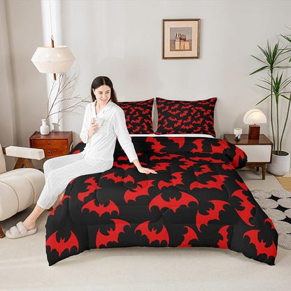 Erosebridal Red Bat King Bedding Set Halloween Bat Comforter Set Spooky Goth Gothic Animal Bed Collections Horror Halloween Duvet Quilt Sets for Kids Teens Adults