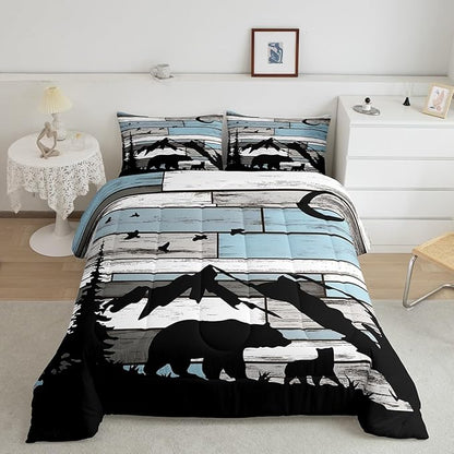Feelyou Western Rustic Bear Comforter Set Twin Size, Wildlife Hunting Quilt Set with 1 Pillowcases, Forest Animal Wildlife Bedding Set 2pcs for Kids Boys Teens Room Decor, Farmhouse Duvet Insert