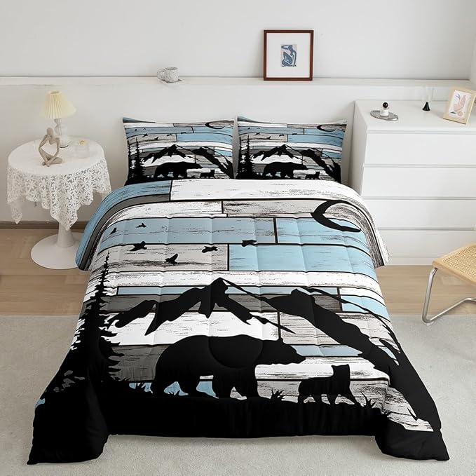 Feelyou Western Rustic Bear Comforter Set Toddler Size, Wildlife Hunting Quilt Set with 1 Pillowcases, Forest Animal Wildlife Bedding Set 2pcs Kids Boys Teens Room Decor, Farmhouse Duvet Insert