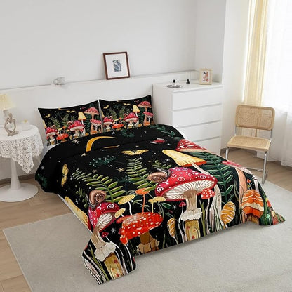 Feelyou Kids Mushroom Bedding Set Natural Wild Fungus Comforter Set for Kids Boys Girls Botanical Plants Duvet Set Butterfly Comforter 1 Comforter Set with 2 Pillowcases Queen Size