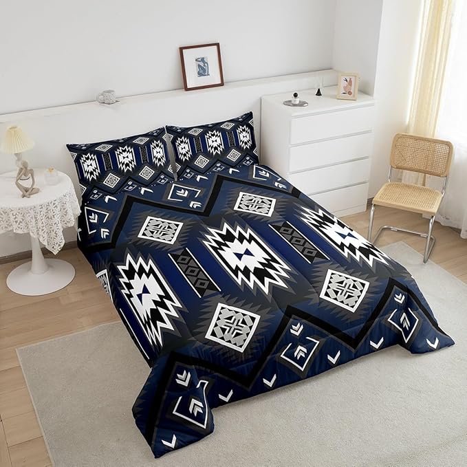 Feelyou Navy Blue Western Comforter Set Southwest Native Tribal Bedding Set Queen Size for Kids Boys Girls Teens Room Decor Boho Geometric West Comforter Soft Microfiber