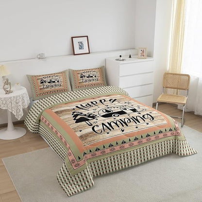 Feelyou Camper Comforter Set Full Size Kids Happy Camping Comforter for Boys Southwestern Camper Accessories for Travel Trailers Wood Grain Vinatge Bedding Set Orange Tree Duvet Set
