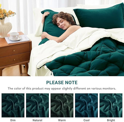 MUXHOMO 7 Pieces Full Comforter Set, Reversible Bed in a Bag Full Size, All Season Bedding Set with Comforter, Flat Sheet, Fitted Sheet, Pillowcases & Shams, Peacock Blue & Ivory