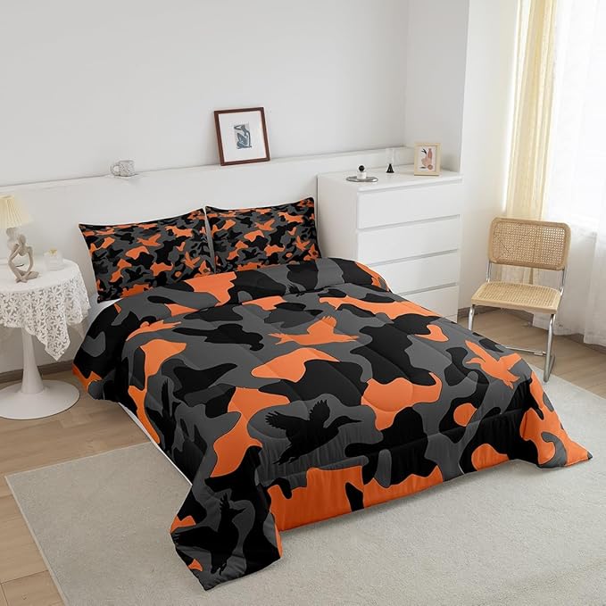 Erosebridal Hunting Duvet Insert Queen Size Camouflage Bedding for Kids Army Wild Duck Bedding Comforter Sets Vintage Orange Grey Mallard Duck Bedroom Decor Wild Animal Duck Rustic Comforter Set