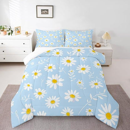 Manfei Daisy Comforter Set Twin Size, White Flower Leaves Bedding Set 2pcs for Kids Boys Girls Bedroom Decor, Botanical Garden Artwork Quilt Set Soft Polyester Duvet Set with 1 Pillowcase