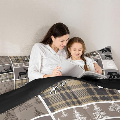 Hunting Bear Comforter Set For Boys, Rustic Cabin Lodge Bedding Queen Size, Vintage Farmhouse Patchwork Duvet Insert Woodland Animal Adventure Camping Down Comforter 3Pcs With 2 Pillow Cases, Brown