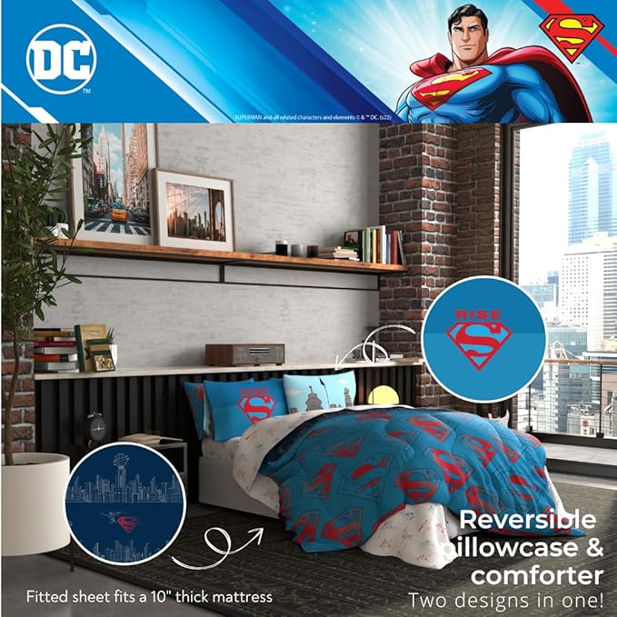 Superman DC Comics Kids Bedding Super Soft & Cozy Reverisble Microfiber Comforter and Sheet Set with Sham, 7 Piece Full Size, (Officially Licensed Product) by Franco