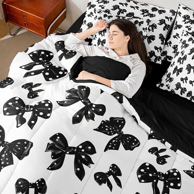 Erosebridal Black Bowknot Girls Kids Full Comforter Set 7 Pieces | White Polka Dots Bed in A Bag for Bedroom Kawaii Ribbon Bow Bedding Set with Comforters Teens Women Room Decor