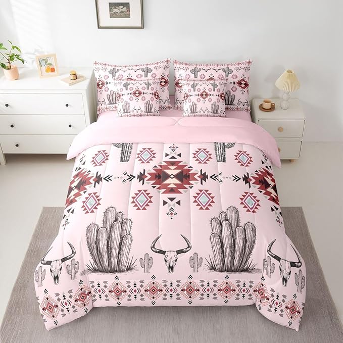 Erosebridal Pink Southwestern Queen Comforter Set with Sheets 7 Piece Western Aztec Bed in A Bag Country Geometric Vintage Bedding Sets for Men Adults Rustic Cactus Bull Skull Boho Tribal Bed Set