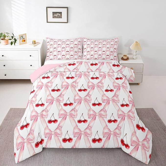 Erosebridal Cute Bow Comforter Set King Size,Red Cherry Bedding Set for Girls Kids Teen Room Decor,Geometric Bowknot Down Comforter Soft Lightweight Duvet Set