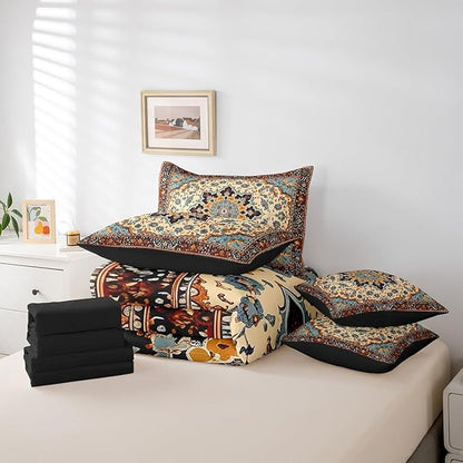 Oriental Floral Comforter Set Vintage Flower Bedding Comforter Sets for Kids, Art Deco Medallion Bed in a Bag Retro Aesthetic Bedding King Size 7pcs, Boho Paisley Bedding Accessories Breathable